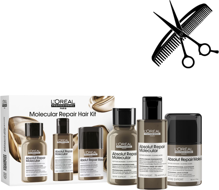 Zestaw do pielęgnacji włosów L’Oreal Professionnel Paris Absolut Repair Molecular Szampon 100 ml + Serum 75 ml + Maska bez spłukiwania 50 ml (3474637285722) - obraz 1