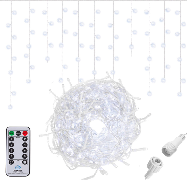 Kurtyna świetlna Springos CL0304 Sople 300 LED z pilotem Zimna biała (5907719412696) - obraz 1