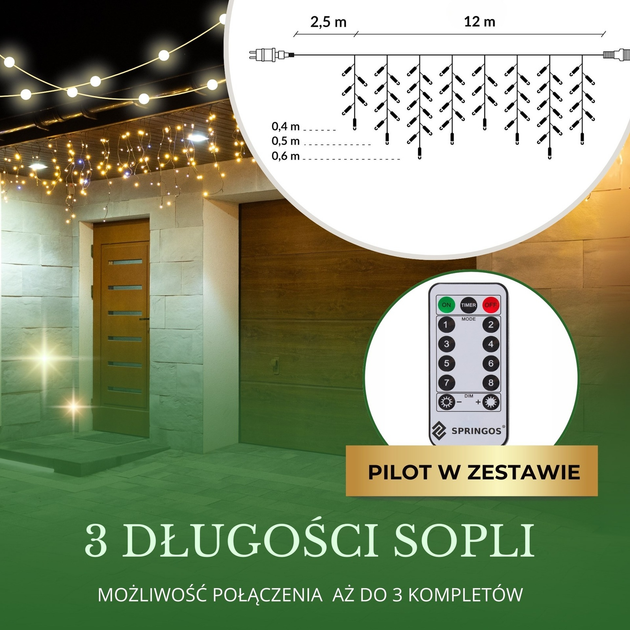 Kurtyna świetlna Springos CL0305 Sople 300 LED z pilotem Ciepła biała (5907719412702) - obraz 7