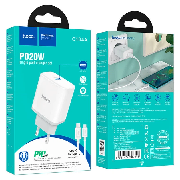 Мережевий зарядний пристрій з кабелем HOCO C104A Stage single port PD20W charger set (Type-C to Type-C) (EU) White (6931474782915) - изображение 2