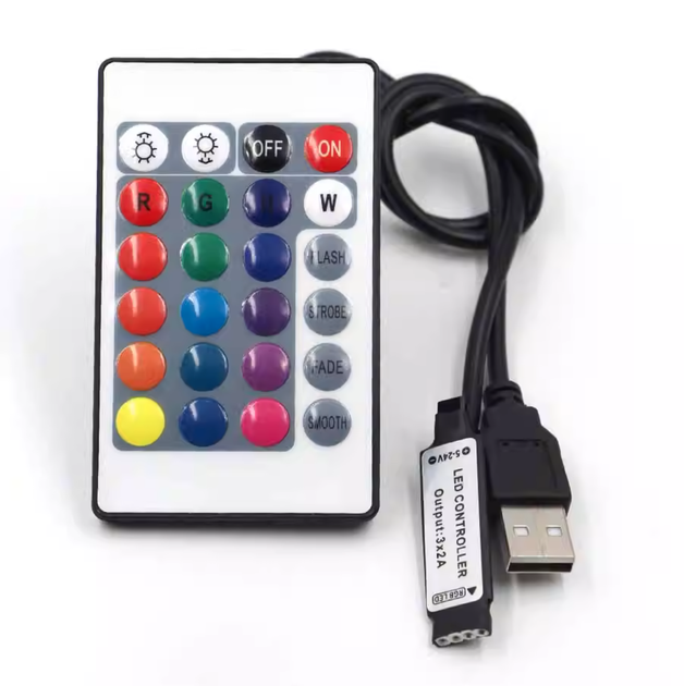 USB-контролер RGB для LED-стрічки, контролер для світлодіодної стрічки, диммер, 5-24В, 6А, 24-кнопковий, 1 метр - Фото 1 USB-контролер RGB для LED-стрічки, контролер для світлодіодної стрічки, диммер, 5-24В, 6А, 24-кнопковий, 1 метр - зображення 1