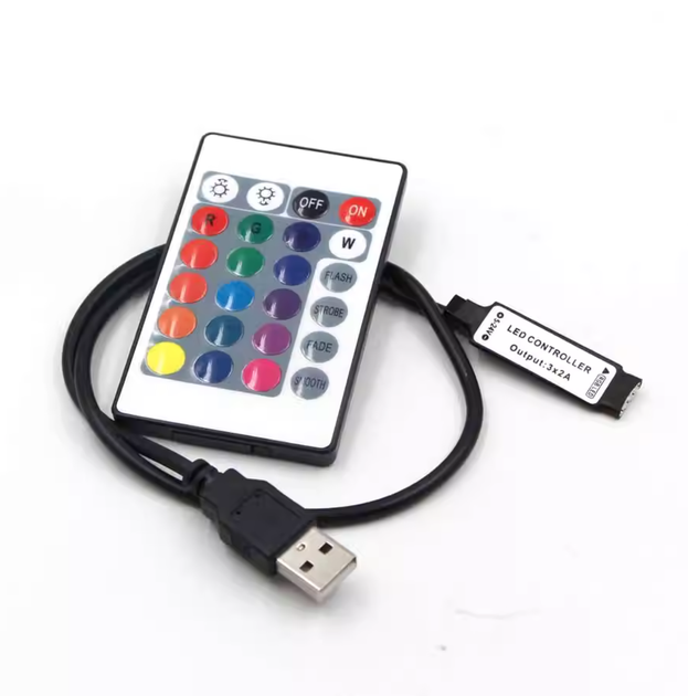 USB-контролер RGB для LED-стрічки, контролер для світлодіодної стрічки, диммер, 5-24В, 6А, 24-кнопковий, 1 метр - Фото 2 USB-контролер RGB для LED-стрічки, контролер для світлодіодної стрічки, диммер, 5-24В, 6А, 24-кнопковий, 1 метр - зображення 2