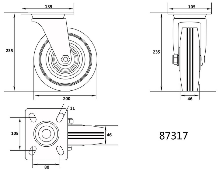 Kółko skrętne Vorel 87317 z czarną gumą 200 mm (5906083873171) - obraz 2