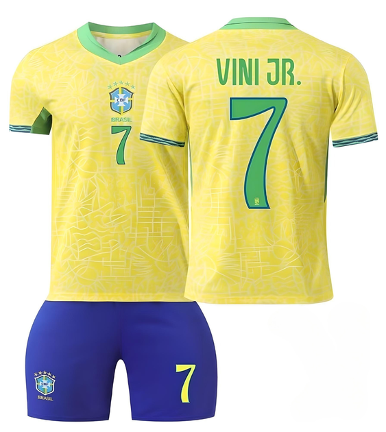 Форма футбольная детская Vini Jr. (Винисиус Жуниор) 7 Brazilian (Сборная Бразилии), сезон 24/25, 22 размер, рост 125-130 см, желто-синяя с зеленым - Фото 1 Форма футбольная детская Vini Jr. (Винисиус Жуниор) 7 Brazilian (Сборная Бразилии), сезон 24/25, 22 размер, рост 125-130 см, желто-синяя с зеленым - изображение 1