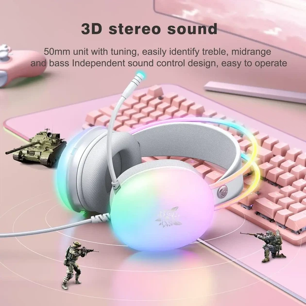Ігрові навушники ONIKUMA X25 RGB White | 50 мм | 3D Stereo | Мікрофон з шумозаглушенням | USB + 3.5 мм - Фото 7 Ігрові навушники ONIKUMA X25 RGB White | 50 мм | 3D Stereo | Мікрофон з шумозаглушенням | USB + 3.5 мм - зображення 7