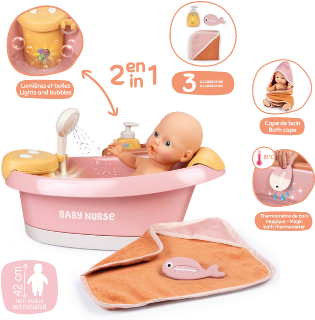 Wanienka dla lalki Smoby Toys Baby Nurse z prysznicem elektrycznym i podświetleniem z akcesoriami (7600220386) (3032162203866) - obraz 2