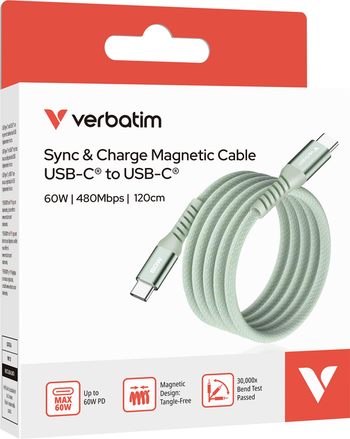 Кабель Verbatim 60 Вт, USB-C–USB-C, 120 см Зелений (31864) - зображення 4