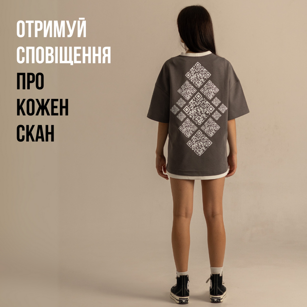 Футболка Dido сіра жіноча оверсайз з динамічними QR у стилі вишиванки L-XL (356909) - Фото 3 Футболка Dido сіра жіноча оверсайз з динамічними QR у стилі вишиванки L-XL (356909) - зображення 3