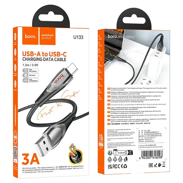 Кабель HOCO USB Type-C U133, data, 3A, 1.2м чорний - зображення 3