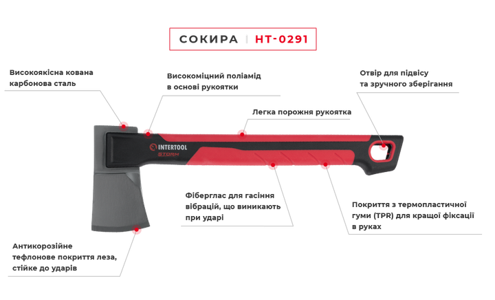 Топор, 630 г, ручка из фибергласса, STORM INTERTOOL HT-0291 - изображение 10