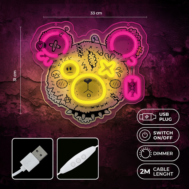Декоративна неонова LED вивіска Forever Light PUNK TEDDY BEAR 33 x 31 см (RTV100288) - зображення 3
