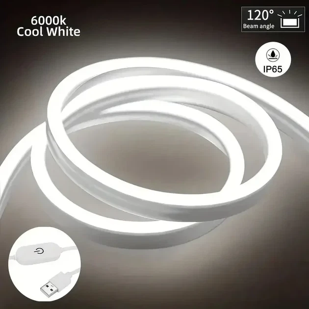 Неонова стрічка White 5V водонепроникна, холодне світіння з сенсорною кнопкою, 3м - зображення 3