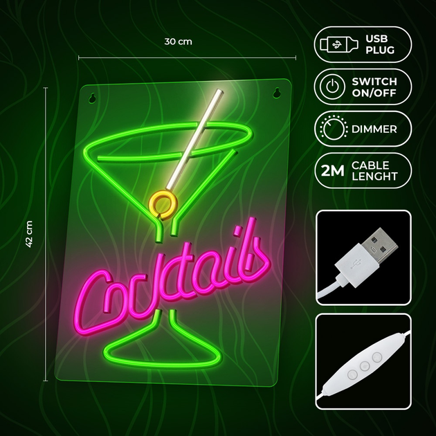 Декоративна неонова LED вивіска Forever Light PLEXI LED COCKTAILS 42 x 30 см (RTV100453) - зображення 3
