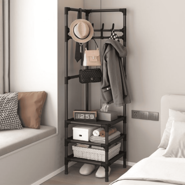 Стійка вішалка кутова для одягу та взуття GTM Loft Mini Organizer сталева підлогова з трьома полицями для взуття стійка для речей стелаж 180*45*45 см Black - зображення 6