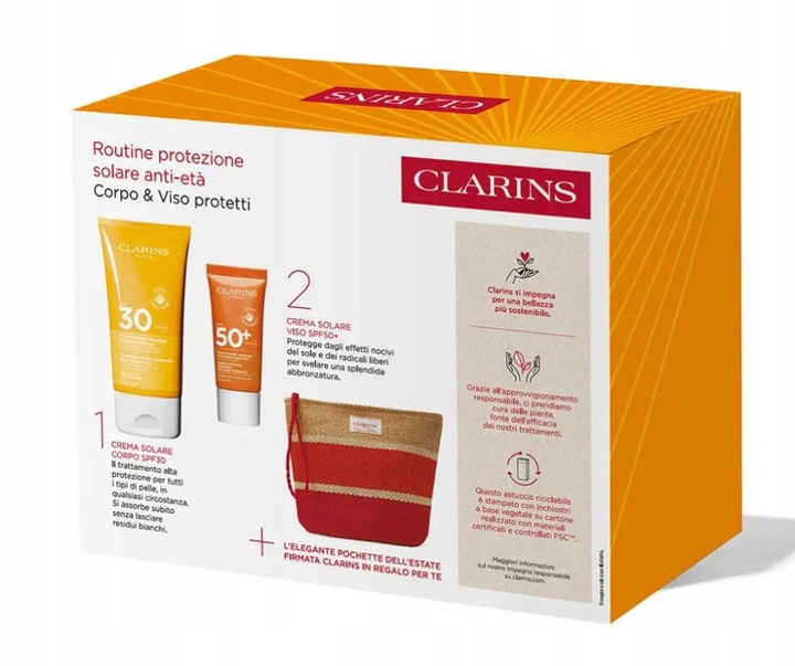 Zestaw kosmetyków do ochrony przeciwsłonecznej Clarins Sun Krem do ciała Spf 30 150 ml + Krem do twarzy Sun Discovery Spf 50+ 30 ml + Torebka kosmetyczna (3666057401480) - obraz 2