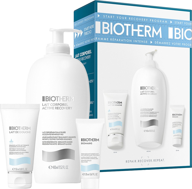 Zestaw do pielęgnacji ciała Biotherm Lait Corporel Active Recovery Balsam 400 ml + Mleczko oczyszczające pod prysznic 50 ml + Biomains Pielęgnacja dłoni i paznokci 20 ml (3614274484533) - obraz 1