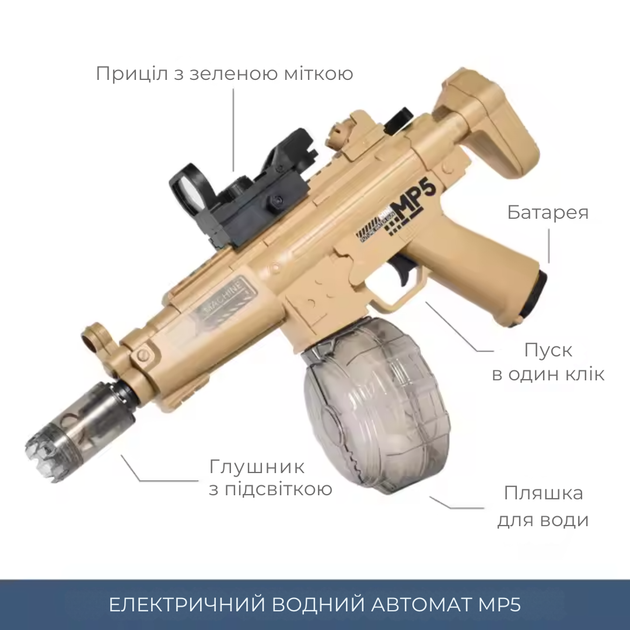 Водный электрический пистолет для детей бластер МР5 на аккумуляторе с подсветкой игрушечный коричневый (JDT-0849210) - изображение 3