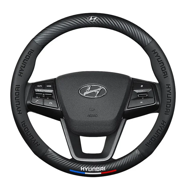 Кожаный чехол на руль Hyundai Sport Brend (37-39см),черный с вставкой с углеволокна - изображение 2