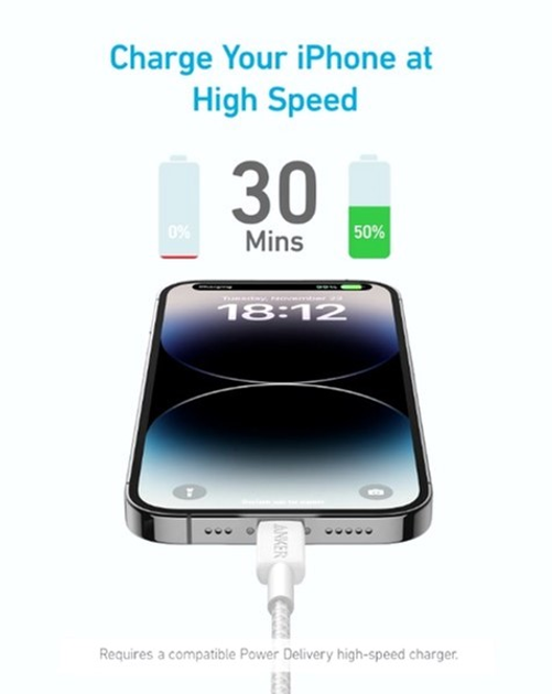 Kabel Anker 322 USB-C to Lightning - 1.8 m Nylon White (A81B6H21/A81B6G21) - obraz 2