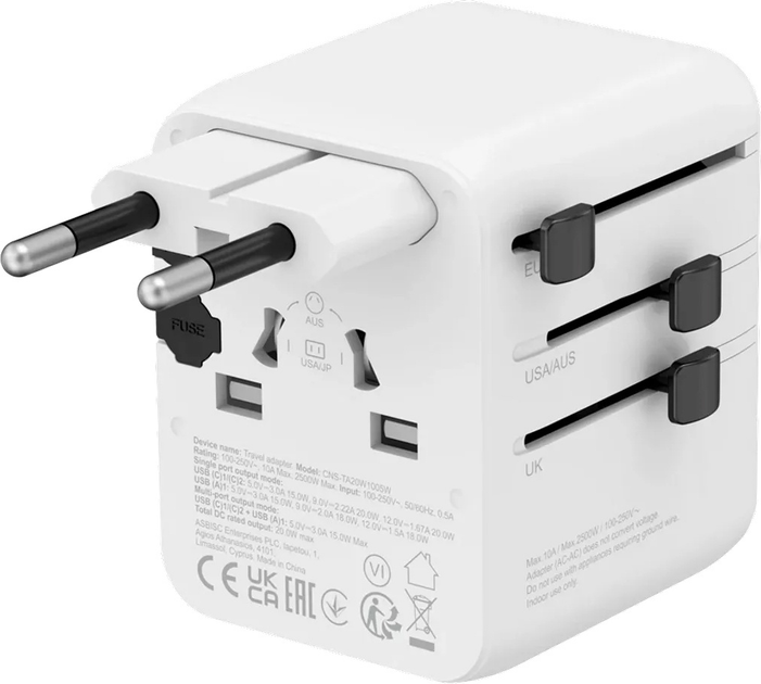Мережевий зарядний пристрій Canyon OnTour 20 Travel Adapter EU/UK/US/AUS 20W White (CNS-TA20W1005W) - зображення 2