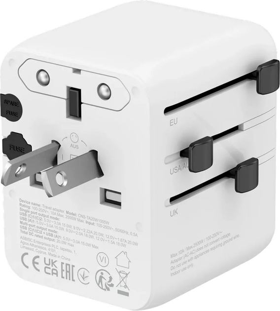 Мережевий зарядний пристрій Canyon OnTour 20 Travel Adapter EU/UK/US/AUS 20W White (CNS-TA20W1005W) - зображення 4