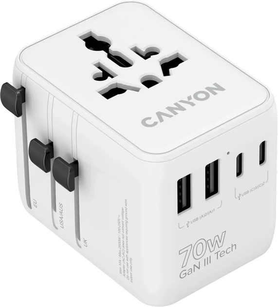 Мережевий зарядний пристрій Canyon OnTour 70 Travel Adapter EU/UK/US/AUS 70W White (CNS-TA70W1006W) - зображення 1