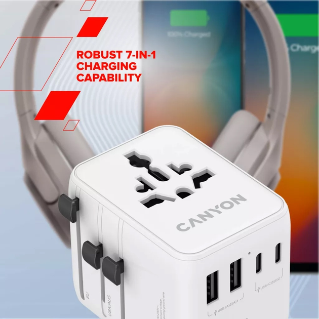 Мережевий зарядний пристрій Canyon OnTour 70 Travel Adapter EU/UK/US/AUS 70W White (CNS-TA70W1006W) - зображення 7