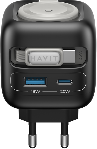 Мережевий зарядний пристрій Havit UC250 GaN 35W USB-A+USB-C +Кабель USB-C +Watch Charger (HV-UC250-BK) - зображення 3