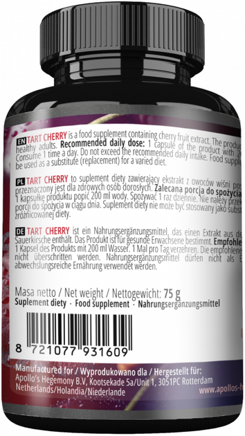 Suplement diety Apollo's Hegemony Tart Cherry 90 kapsułek (8721077931609) - obraz 3