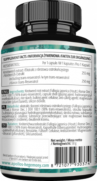 Suplement diety Apollo's Hegemony Resveratrol 60 kapsułek (8721077930374) - obraz 3