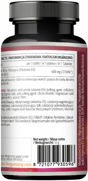Suplement diety Apollo's Hegemony Niacinamide 60 tabletek (8721077930596) - obraz 3