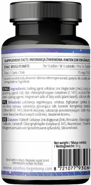 Suplement diety Apollo's Hegemony Zinc Bisglycinate 120 tabletek (8721077930602) - obraz 3