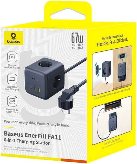 Мережевий фільтр Baseus EnerFill FA11 Cube Power Strip 3AC+1U+1C 67W 1.5m EU Cosmic Black (6932172687526) - зображення 5