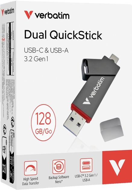 Флеш пам'ять USB Verbatim Dual QuickStick 128GB USB 3.2 Gen1 + Type-C Grey (0023942320401) - зображення 6