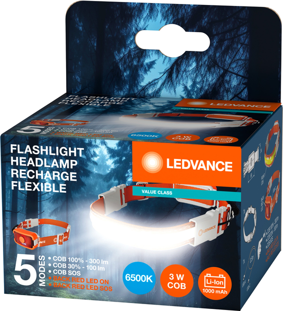 Latarka czołowa akumulatorowa Ledvance Headl Recharge Flexible LED 3W 300Lm 6500K 1000mAh (4099854175886) - obraz 1