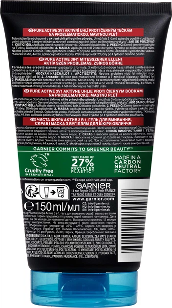 Гель для вмивання Garnier Skin Naturals 3w1 Black Pure Active очищаючий 150 мл (3600542084437) - зображення 2