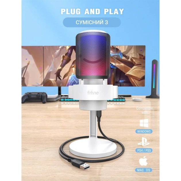 FIFINE A8W AmpliGame – Микрофон для Стриминга и Гейминга с RGB Подсветкой и Plug-and-Play - изображение 6