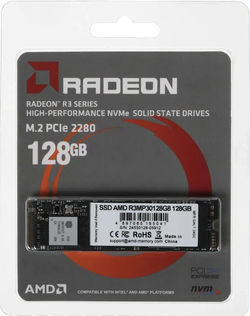 SSD диск AMD Radeon R3 128GB M.2 2280 NVMe PCIe 3.0 x4 3D NAND TLC (R3MP30128G8) - Фото 6 SSD диск AMD Radeon R3 128GB M.2 2280 NVMe PCIe 3.0 x4 3D NAND TLC (R3MP30128G8) - изображение 6