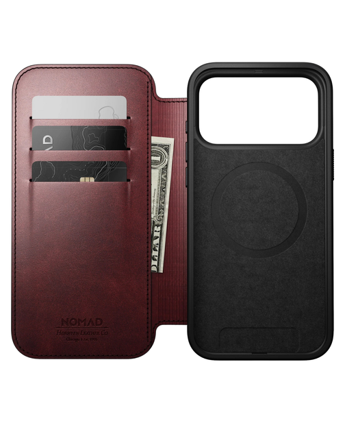 Кожаный чехол-книжка Nomad Modern Folio Horween Burgundy для iPhone 17 Pro - Фото 3 Кожаный чехол-книжка Nomad Modern Folio Horween Burgundy для iPhone 17 Pro - изображение 3