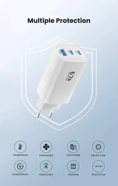 Зарядное устройство ASOMETECH GaN 67W PPS PD+QC4.0 3-порта (USB + 2 Type-C) для ноутбука планшета смартфона - изображение 8