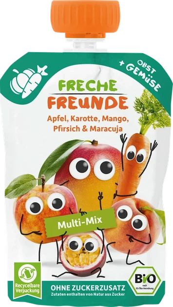 Фруктове пюре (пауч) з морквою, манго, персиком та маракуєю,TM FrecheFreunde для дітей з 6 місяців,100 грам - Фото 1 Фруктове пюре (пауч) з морквою, манго, персиком та маракуєю,TM FrecheFreunde для дітей з 6 місяців,100 грам - изображение 1