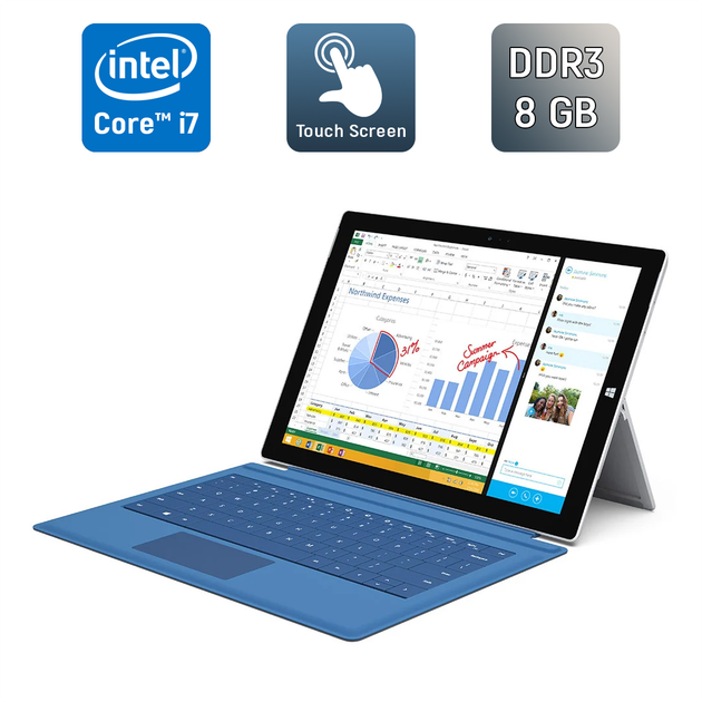 Нетбук-трансформер Microsoft Surface Pro 3 / 12" (2160x1440) IPS Touch / Intel Core i7-4650U (2 (4) ядра по 1.7 - 3.3 GHz) / 8 GB DDR3 / 512 GB SSD / Intel HD Graphics 5000 / WebCam б/у - Фото 1 Нетбук-трансформер Microsoft Surface Pro 3 / 12" (2160x1440) IPS Touch / Intel Core i7-4650U (2 (4) ядра по 1.7 - 3.3 GHz) / 8 GB DDR3 / 512 GB SSD / Intel HD Graphics 5000 / WebCam б/у - изображение 1