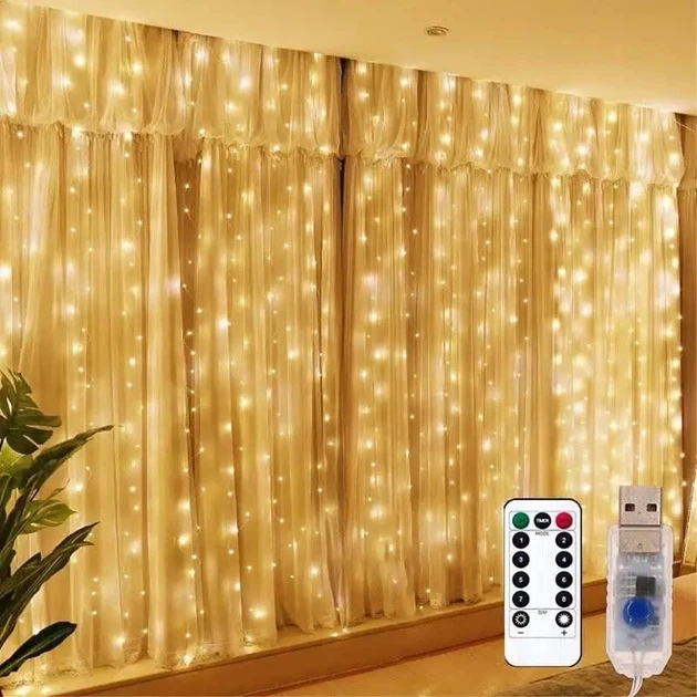 Гірлянда Крапля роси штора 3х2м с пультом светодиодная от USB, Жолтая LED LIGHT проводка Теплый белый цвет - Фото 2 Гірлянда Крапля роси штора 3х2м с пультом светодиодная от USB, Жолтая LED LIGHT проводка Теплый белый цвет - изображение 2