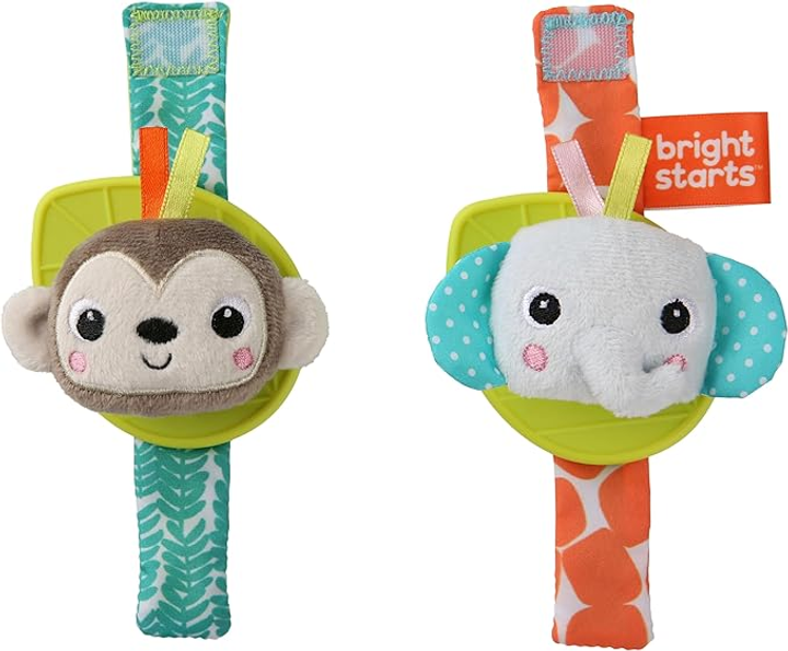 Grzechotka na rękę z gryzakiem Bright Starts Wrist Pals Małpka i Słoń 0 m + 2 szt (12092) (74451120921) - obraz 1