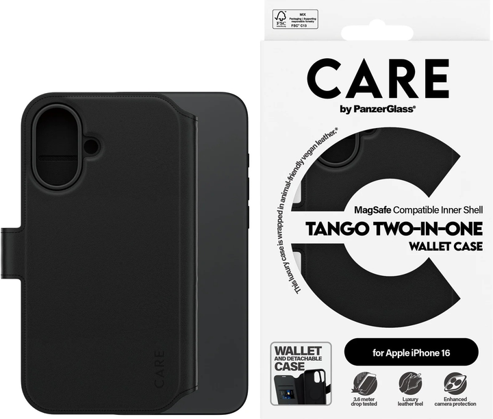 Чохол-книжка CARE by PanzerGlass Feature Case Tango Two-in-One Wallet w. MagSafe для Apple iPhone 16 Black (5715685003912) - зображення 3