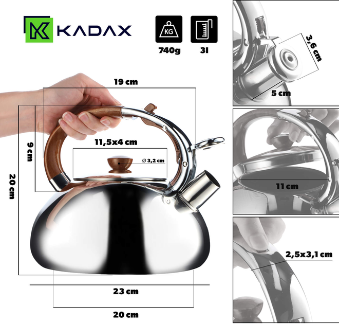 Чайник сталевий Kadax зі свистком Сріблястий 2.5 л (5903699434949) - зображення 2