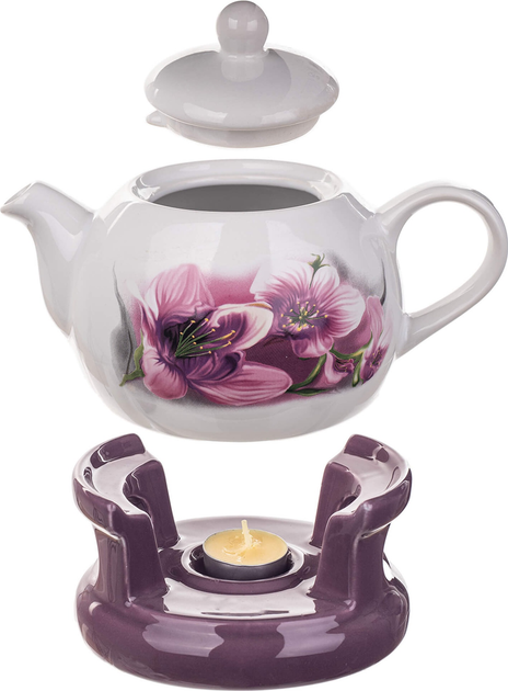 Dzbanek na herbatę ceramiczny Kadax Irais z podgrzewaczem Biało-Fioletowy 1 l (5906638318461) - obraz 3