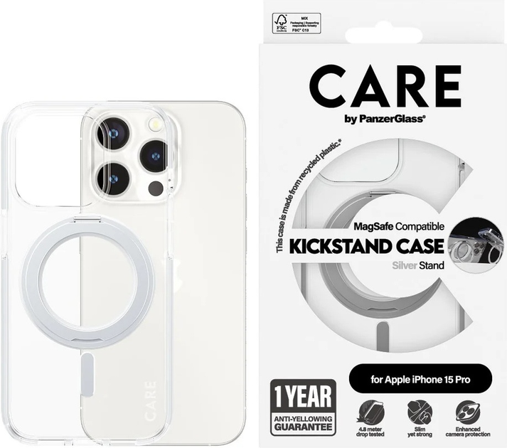 Панель CARE by PanzerGlass Feature Case Transparent w. Silver Kickstand & MagSafe для Apple iPhone 15 Pro (5715685005497) - зображення 3