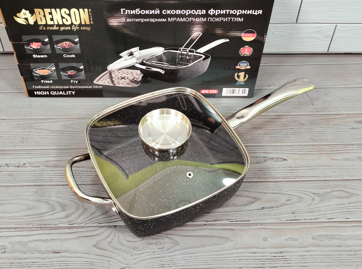 Сковорода-сотейник Benson BN-355 4 в 1 24 см, фритюрниця пароварка з мармуровим покриттям, квадратна сковорода з кришкою та кошиком для фритюру, універсальний кухонний набір для всіх плит та духовки - изображение 5