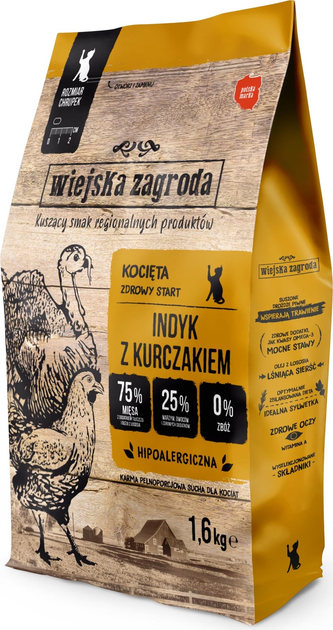 Сухий корм для кошенят Wiejska Zagroda Індичка з куркою 1.6 кг (5905342293118) - зображення 1